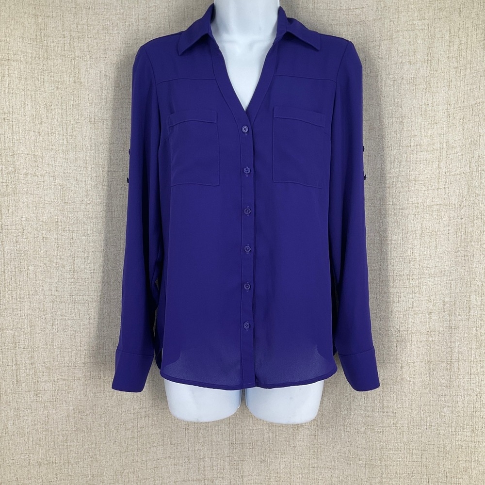 Express Portofino Shirt Womens XS Purple Roll Tab Sleeve Button Blouse Office
